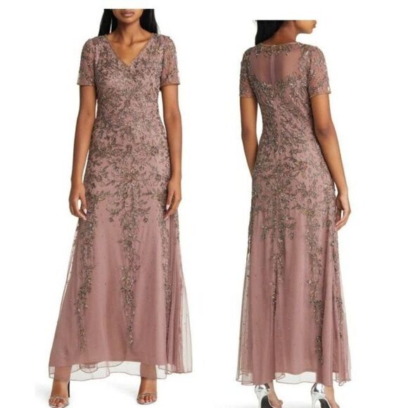 $238.00 Pisarro Nights Beaded Chiffon Gown in Mocha, Size 6 - Picture 1 of 11